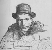 Pelle Molin. Teckning  av studiekamraten p&aring; Konstakademien, Charles Friberg, &aring;r 1887. Beskuren bild.